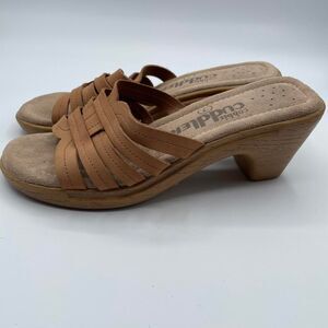 Vintage Y2K Tan Leather Chunky Block Heeled Sandals Retro Boho Chic Mules Summer